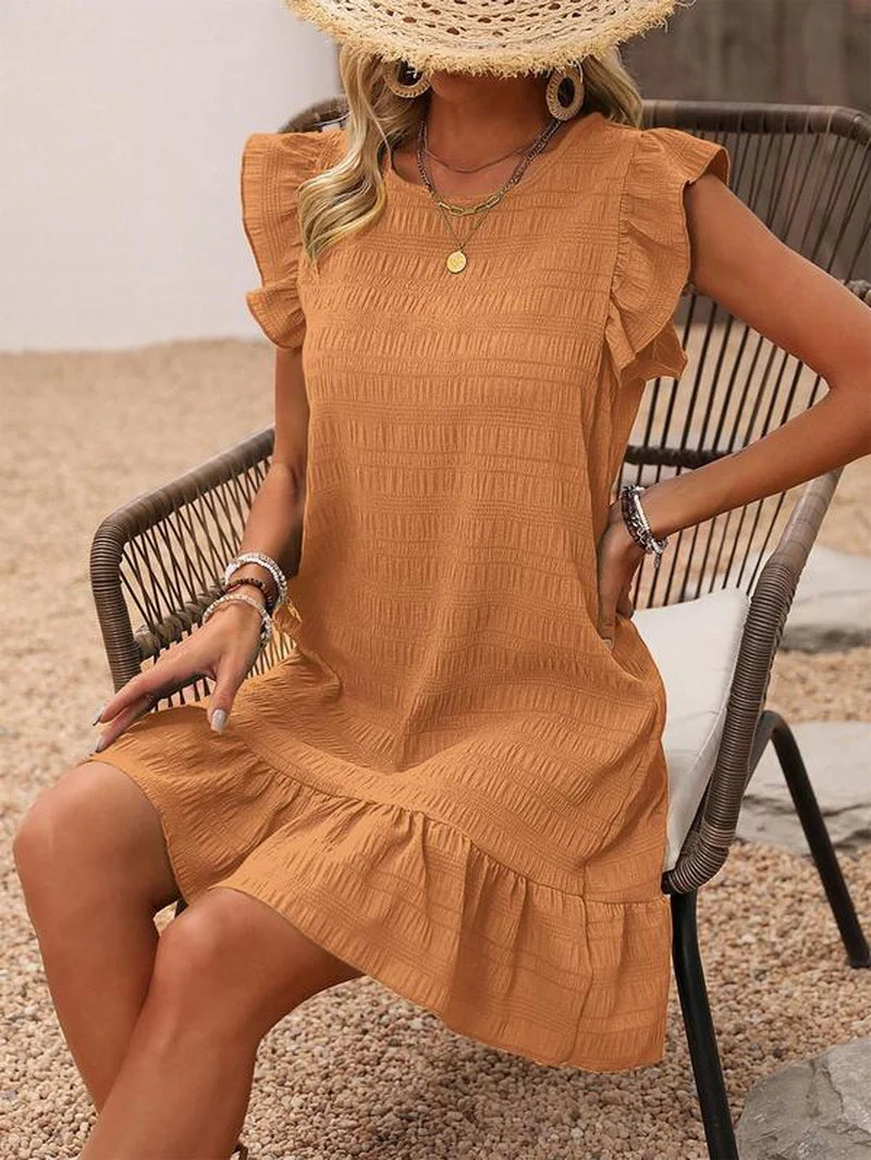 Women'S Plain Ruffle Trim Cut Out Smock Dress, Boho Textured Butterfly Sleeve round Neck Short Dress for Summer, Ladies Clothes for Beach Holiday