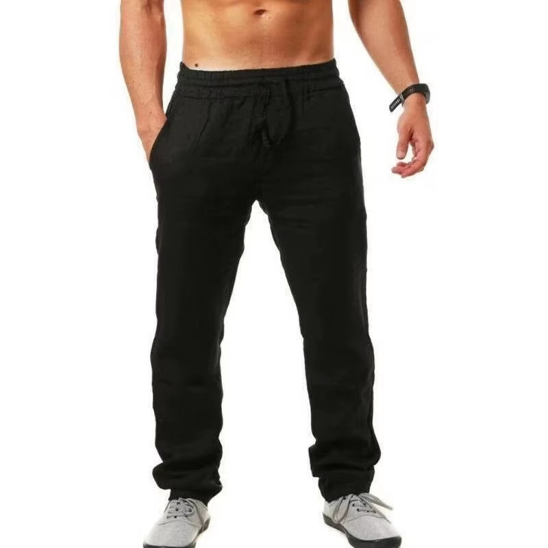 Men'S Cotton Linen Pants Male Autumn New Breathable Solid Color Linen Trousers Fitness Streetwear S-3XL